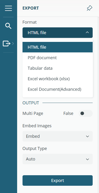Export panel with Format list open
