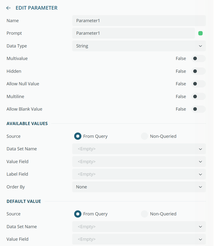 Parameter editor in the Data tab